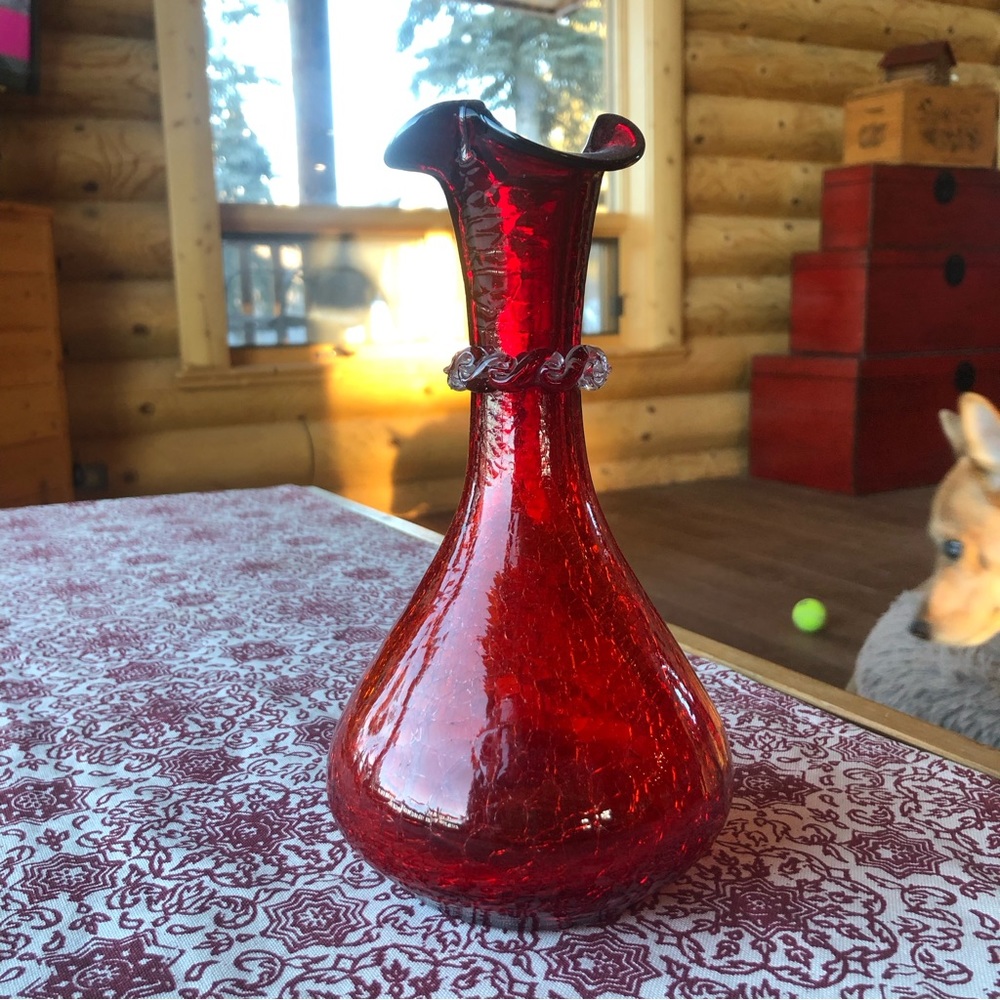 Vtg Ruby Red Amber Crackle Glass Hand Blown Bud Vase Ruffled Rim Applied Rigaree - Picture 14 of 16